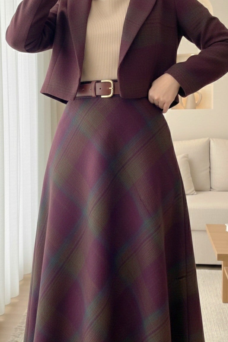 Kışlık Ekose Desenli Yanı Fermuarlı  Kaşe Çan Etek  -Mürdüm