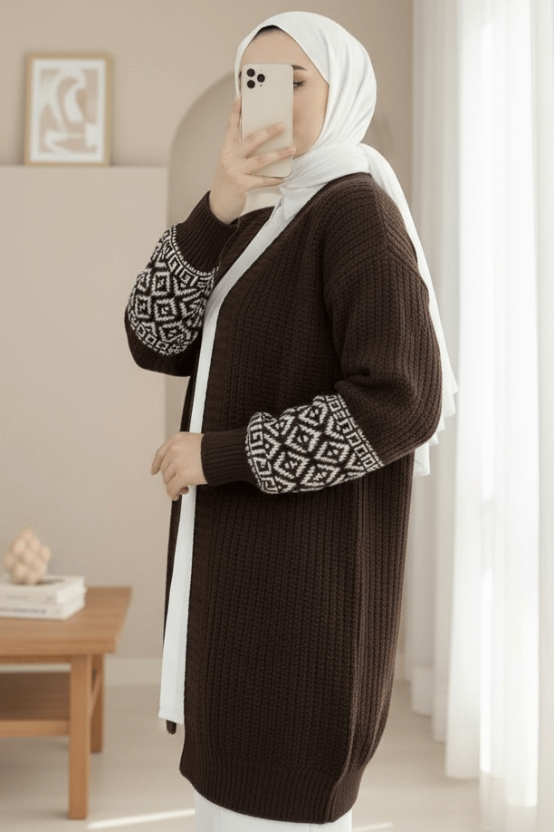 Kolları Desenli Triko Hırka  -Kahve