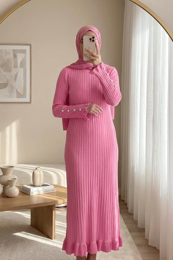 Kolları Düğmeli Eteği Fırfırlı Triko Elbise -Pembe