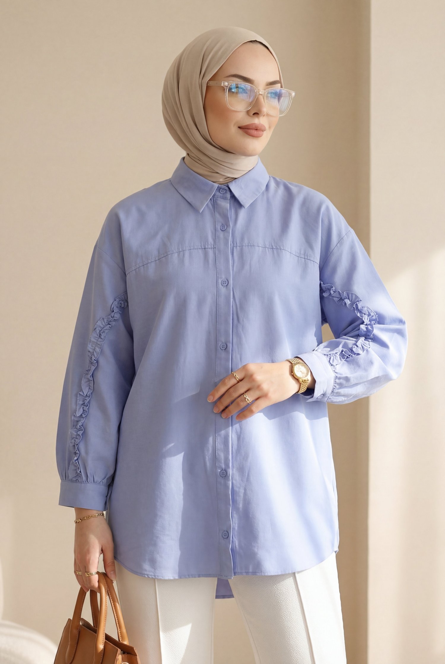 Kolları Fırfırlı Düğmeli Poplin Gömlek -Bebe Mavi