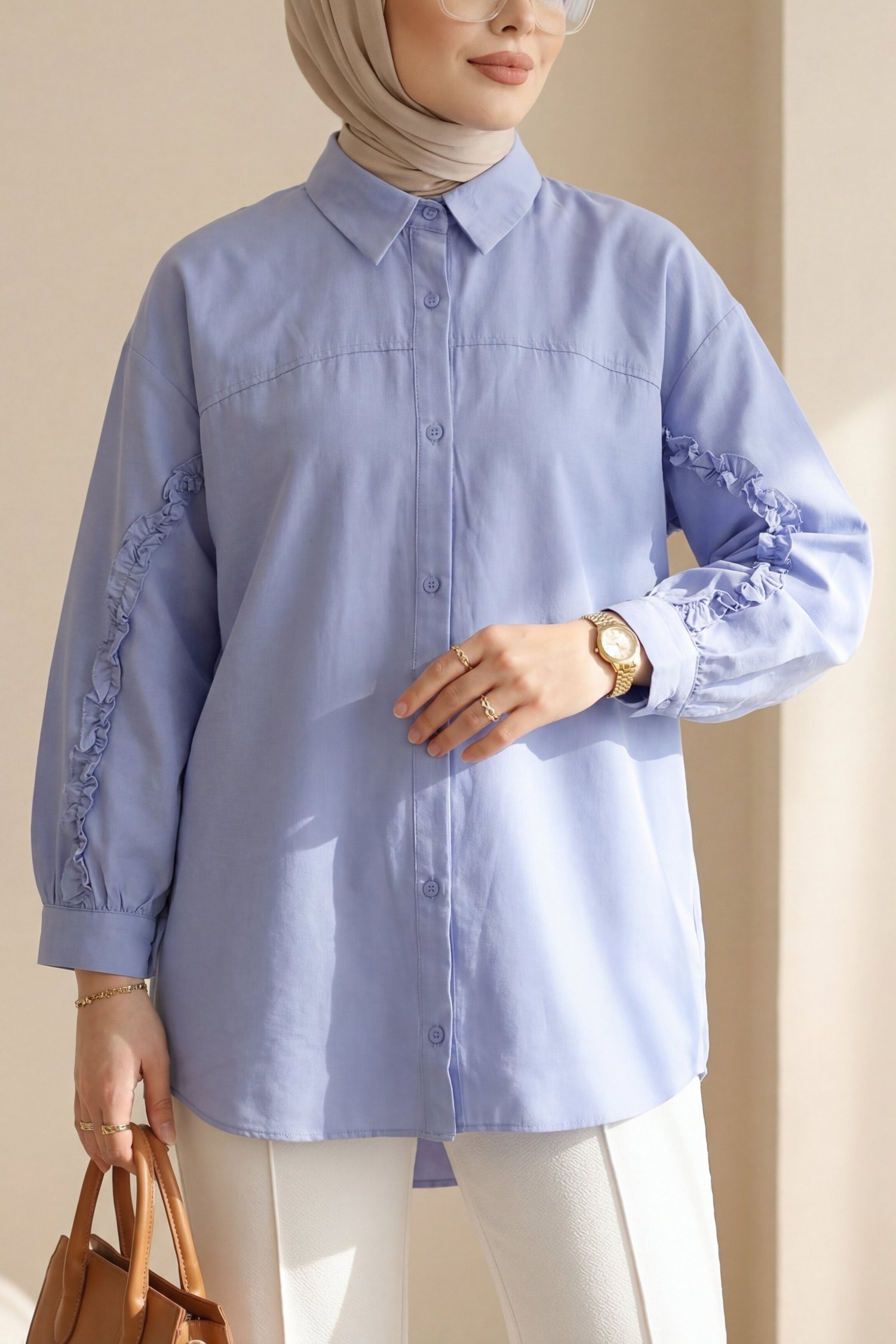 Kolları Fırfırlı Düğmeli Poplin Gömlek -Bebe Mavi