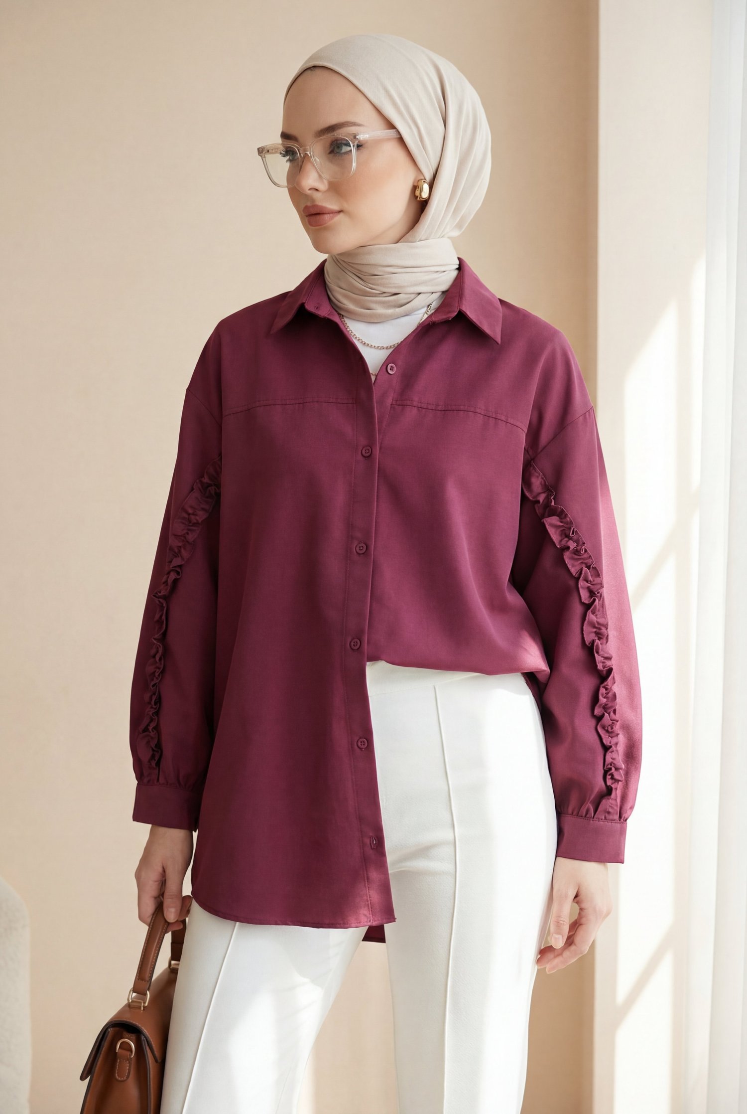 Kolları Fırfırlı Düğmeli Poplin Gömlek -Bordo