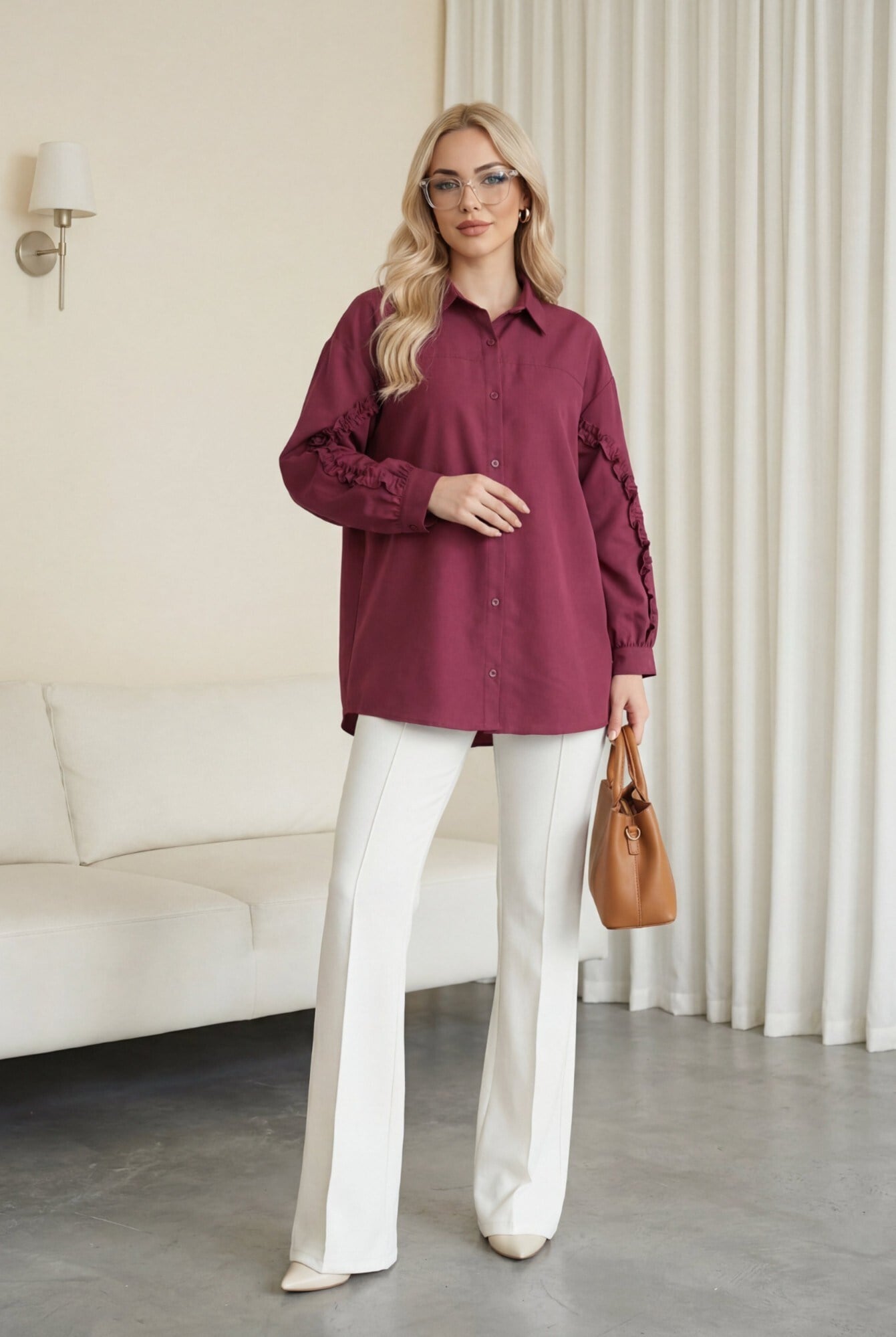 Kolları Fırfırlı Düğmeli Poplin Gömlek -Bordo