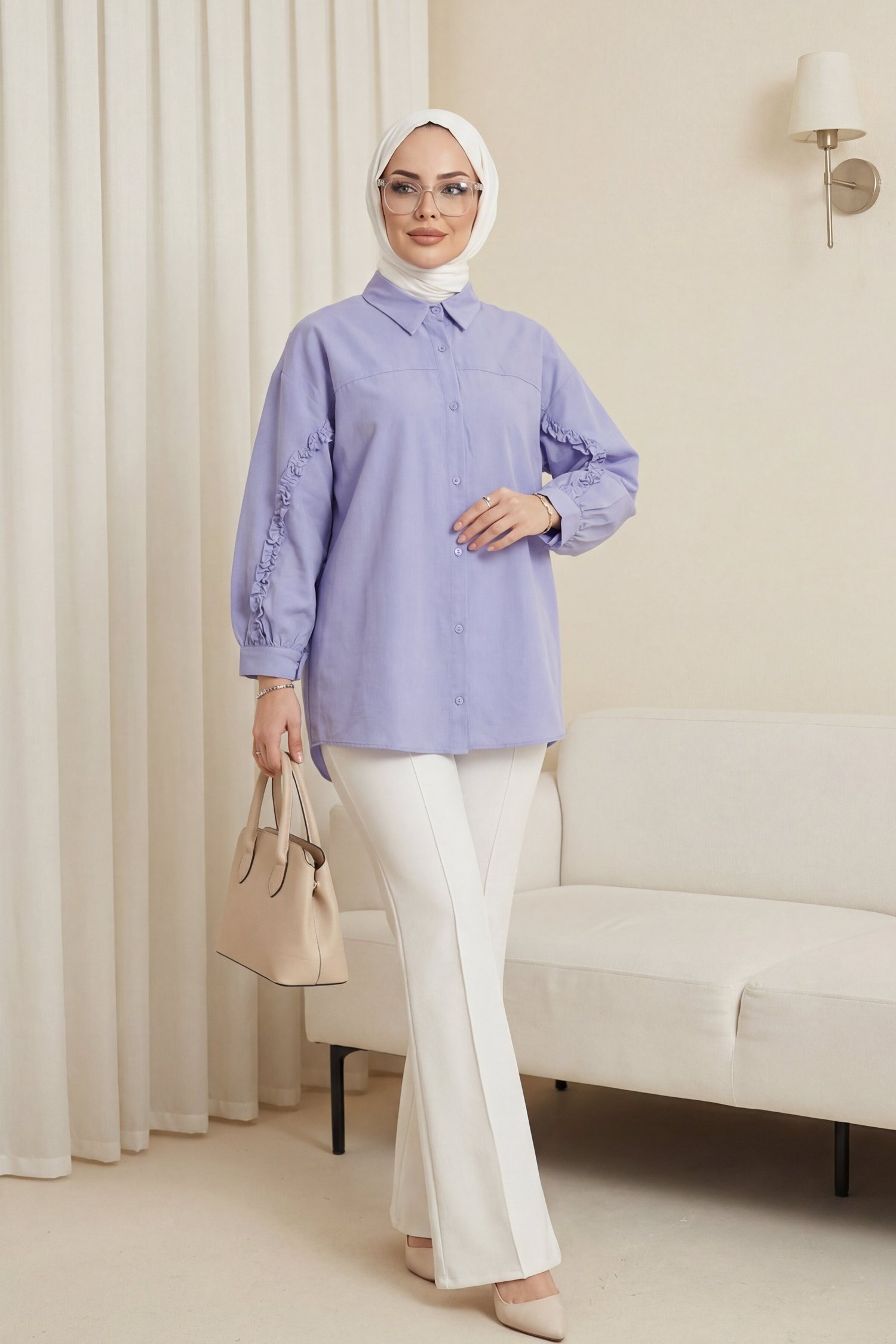 Kolları Fırfırlı Düğmeli Poplin Gömlek -Bebe Mavi