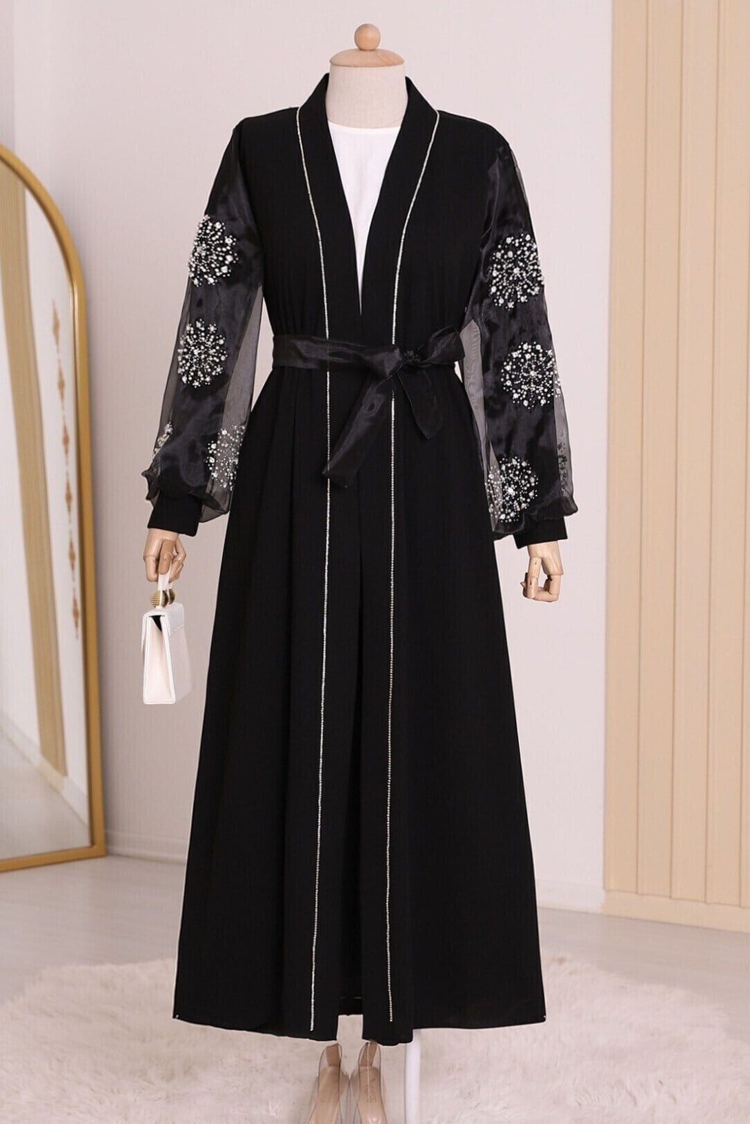 Kolları İnci Taş Detaylı Tesettür Abaya -Siyah