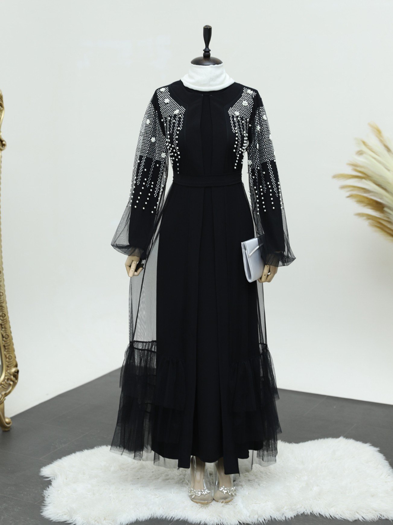 Kolları İncili Taşlı İkili Abaya Takım -Siyah