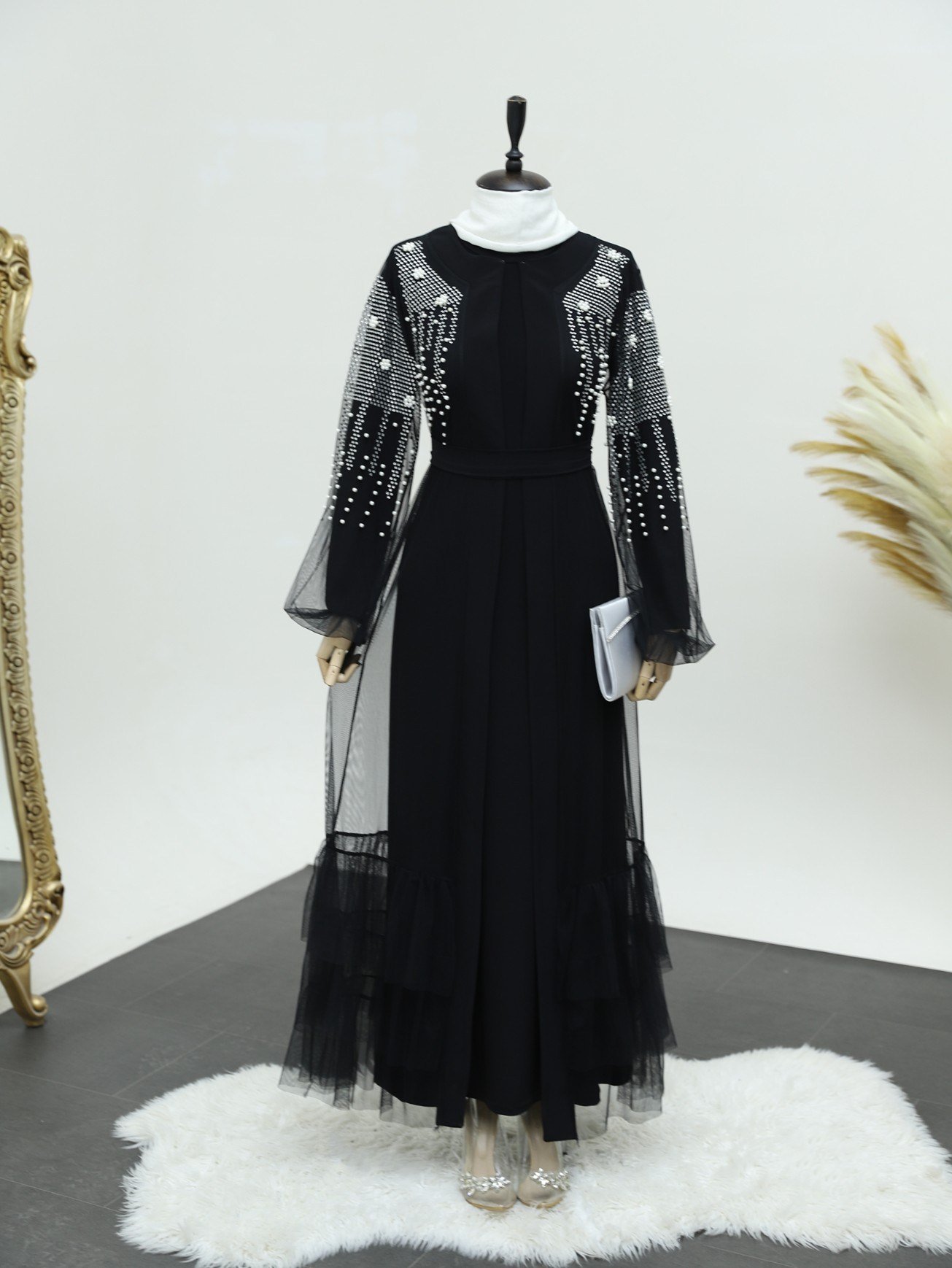 Kolları İncili Taşlı İkili Abaya Takım -Siyah