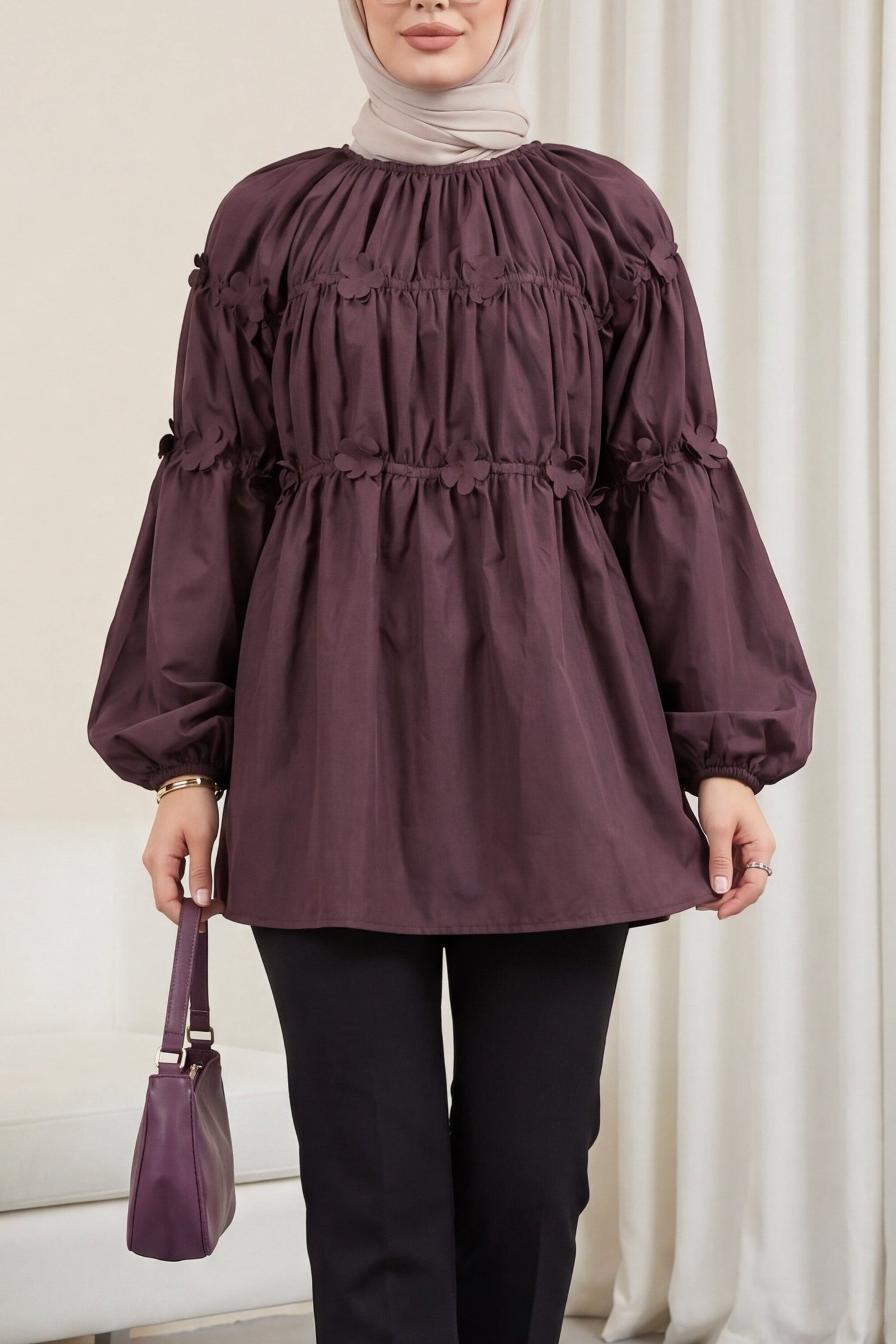 Kolları Lastikli Papatya Detaylı Poplin Tunik -Mürdüm