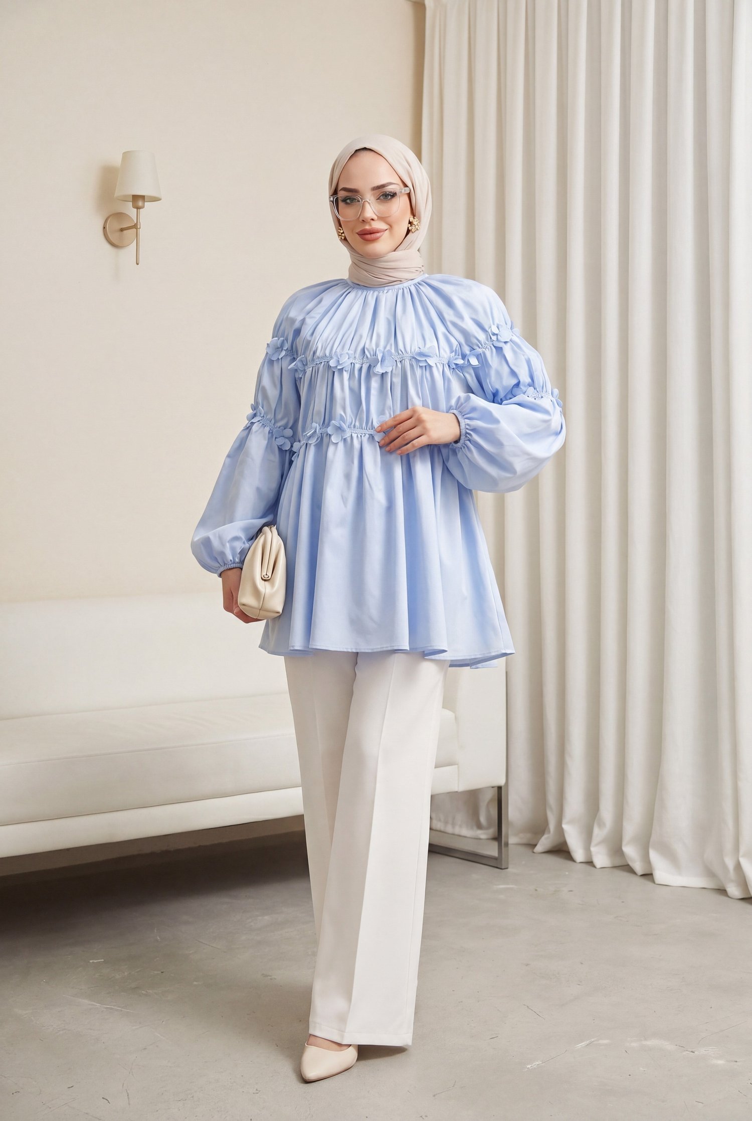 Kolları Lastikli Papatya Detaylı Poplin Tunik -Açık Mavi