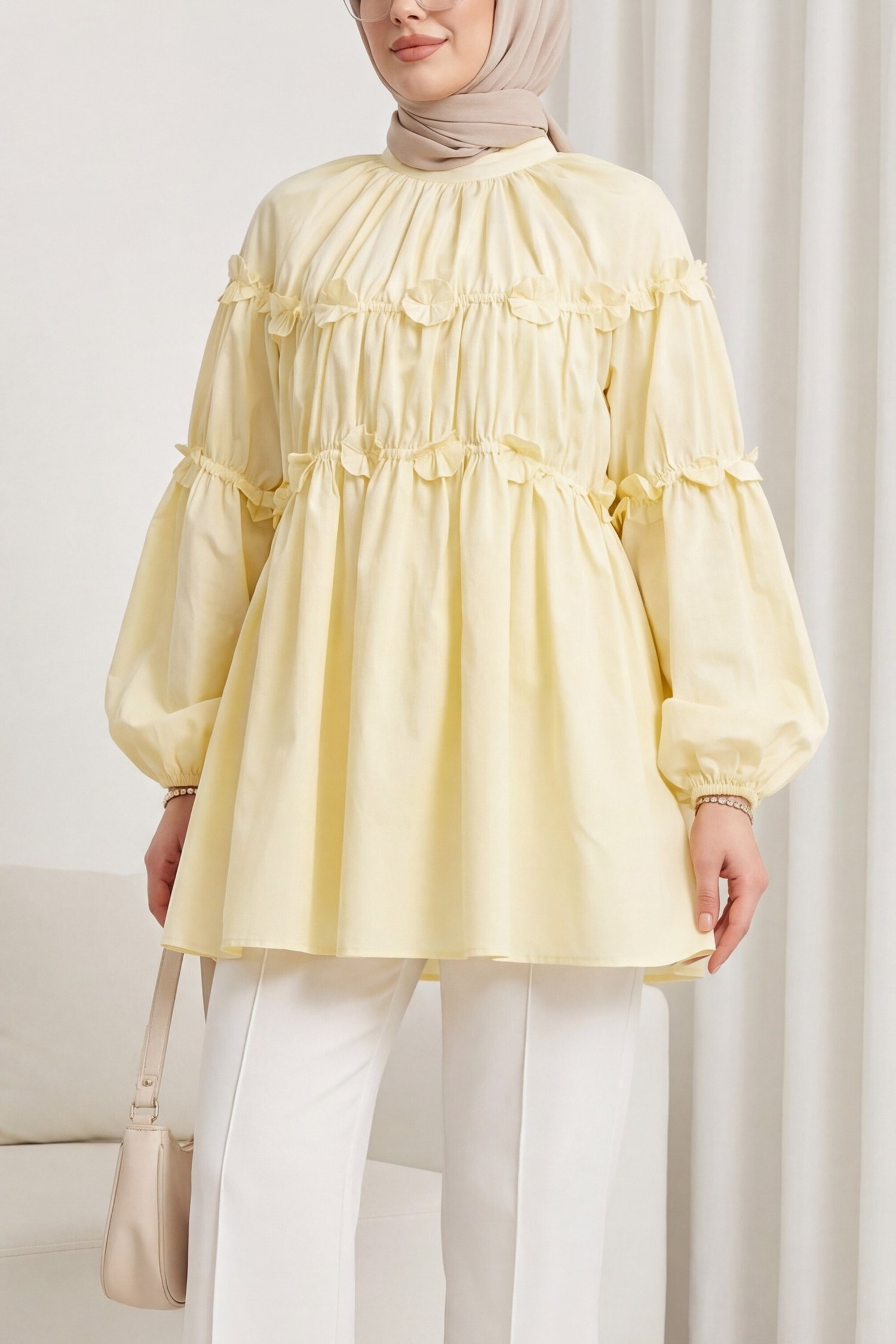 Kolları Lastikli Papatya Detaylı Poplin Tunik -Sarı