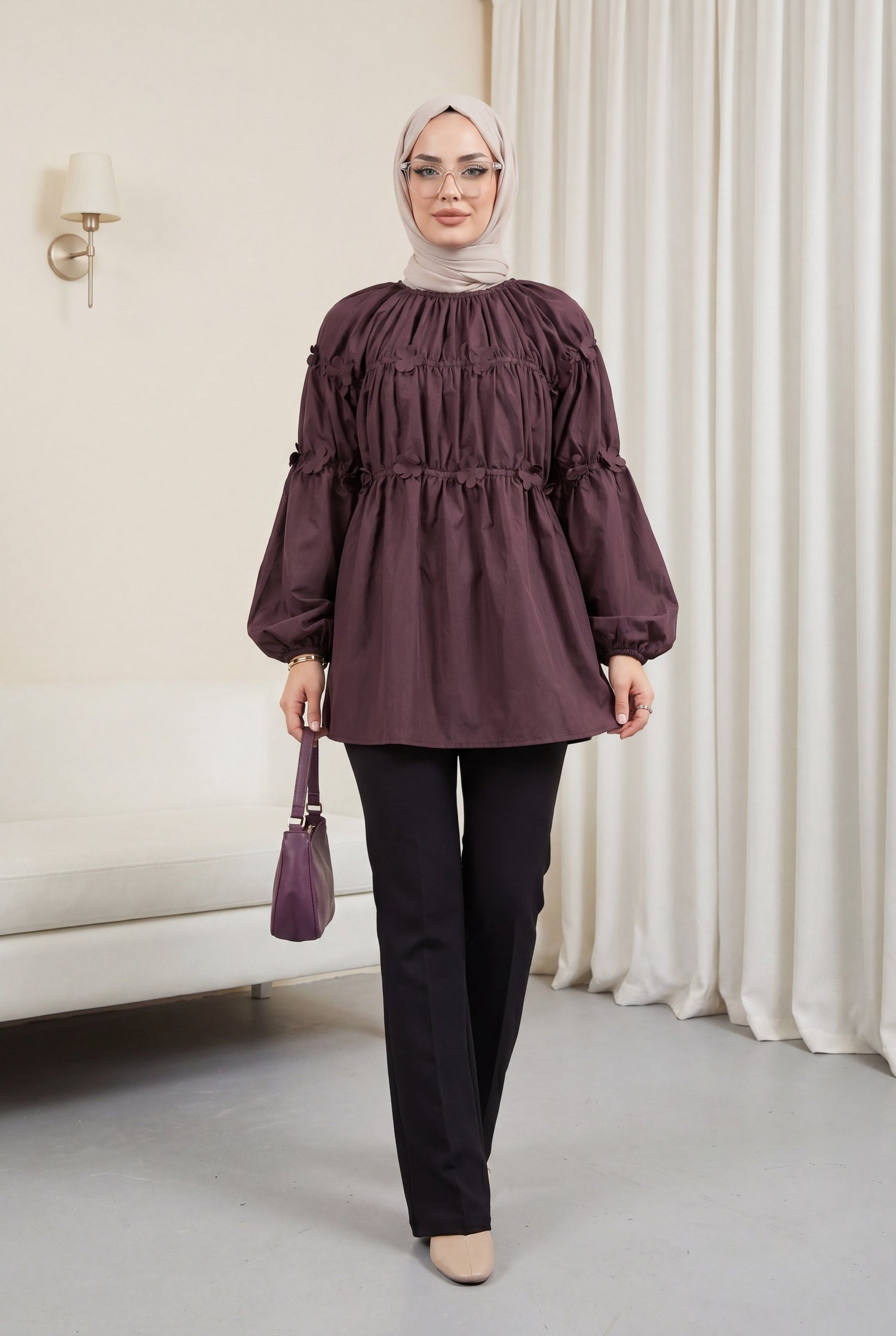 Kolları Lastikli Papatya Detaylı Poplin Tunik -Mürdüm