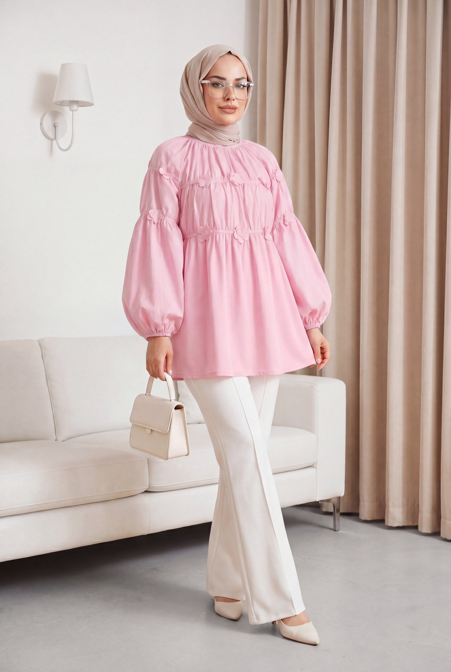 Kolları Lastikli Papatya Detaylı Poplin Tunik -Pudra