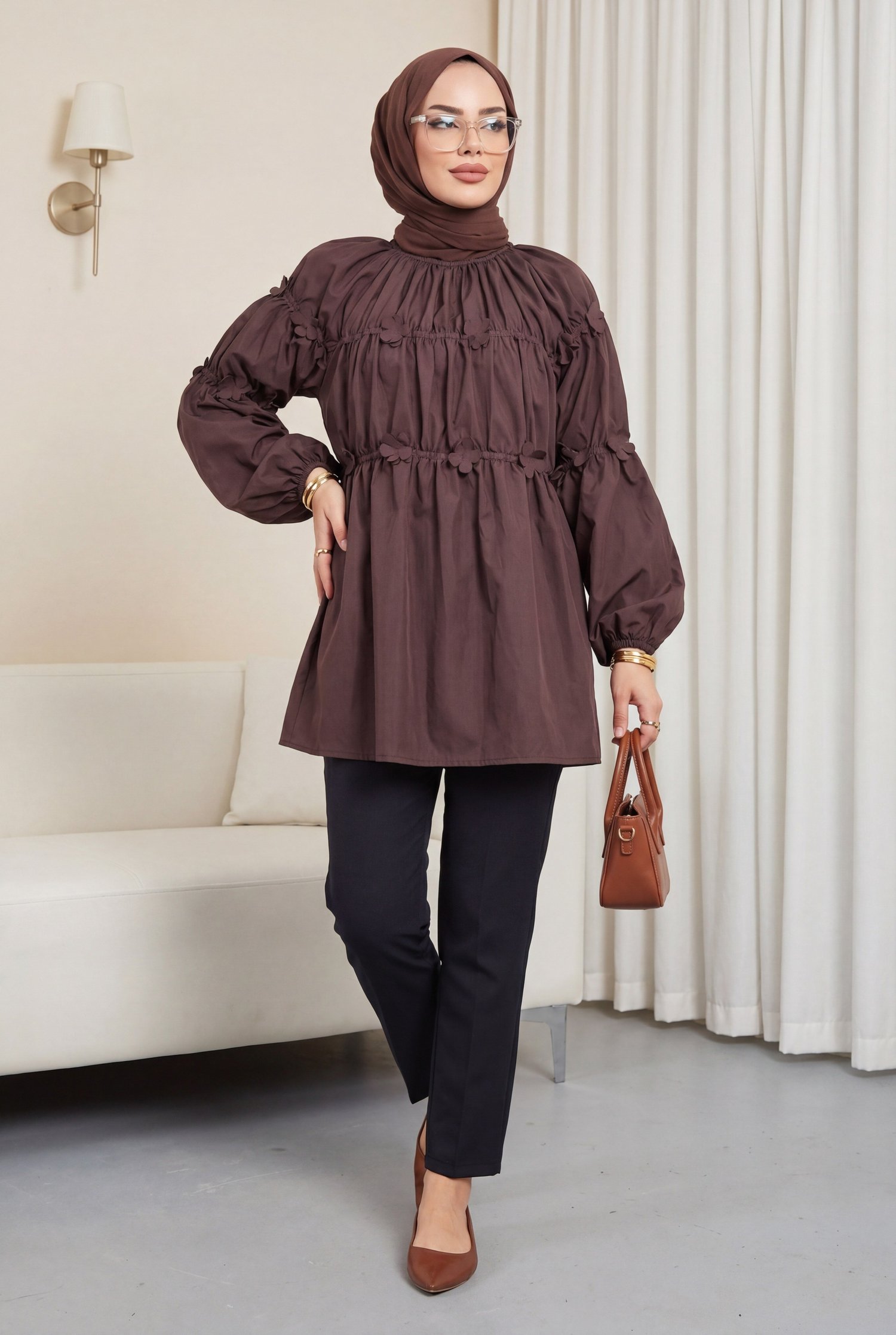 Kolları Lastikli Papatya Detaylı Poplin Tunik -Mürdüm