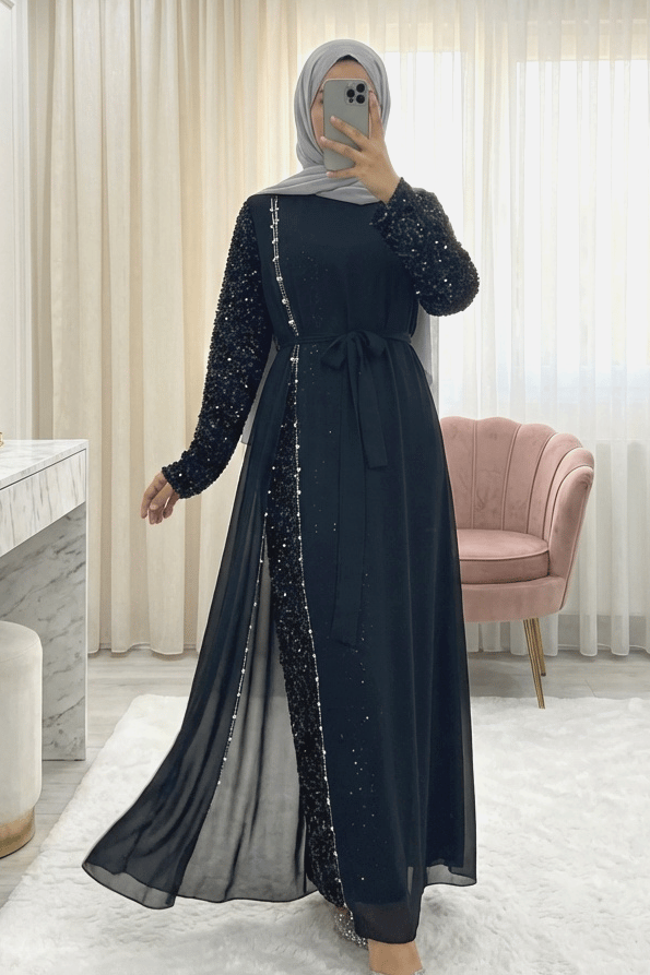 Kolları Pul Payet Kemerli Şifon Abiye  -Siyah