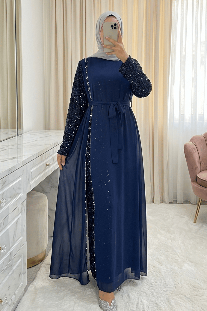 Kolları Pul Payet Kemerli Şifon Abiye  -Laci
