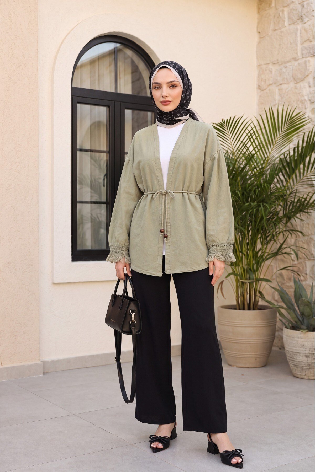 Kolları Püsküllü Beli Kemerli Keten Kimono  -Vizon