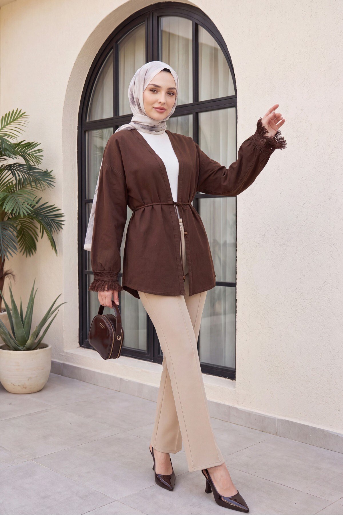 Kolları Püsküllü Beli Kemerli Keten Kimono  -Kahverengi