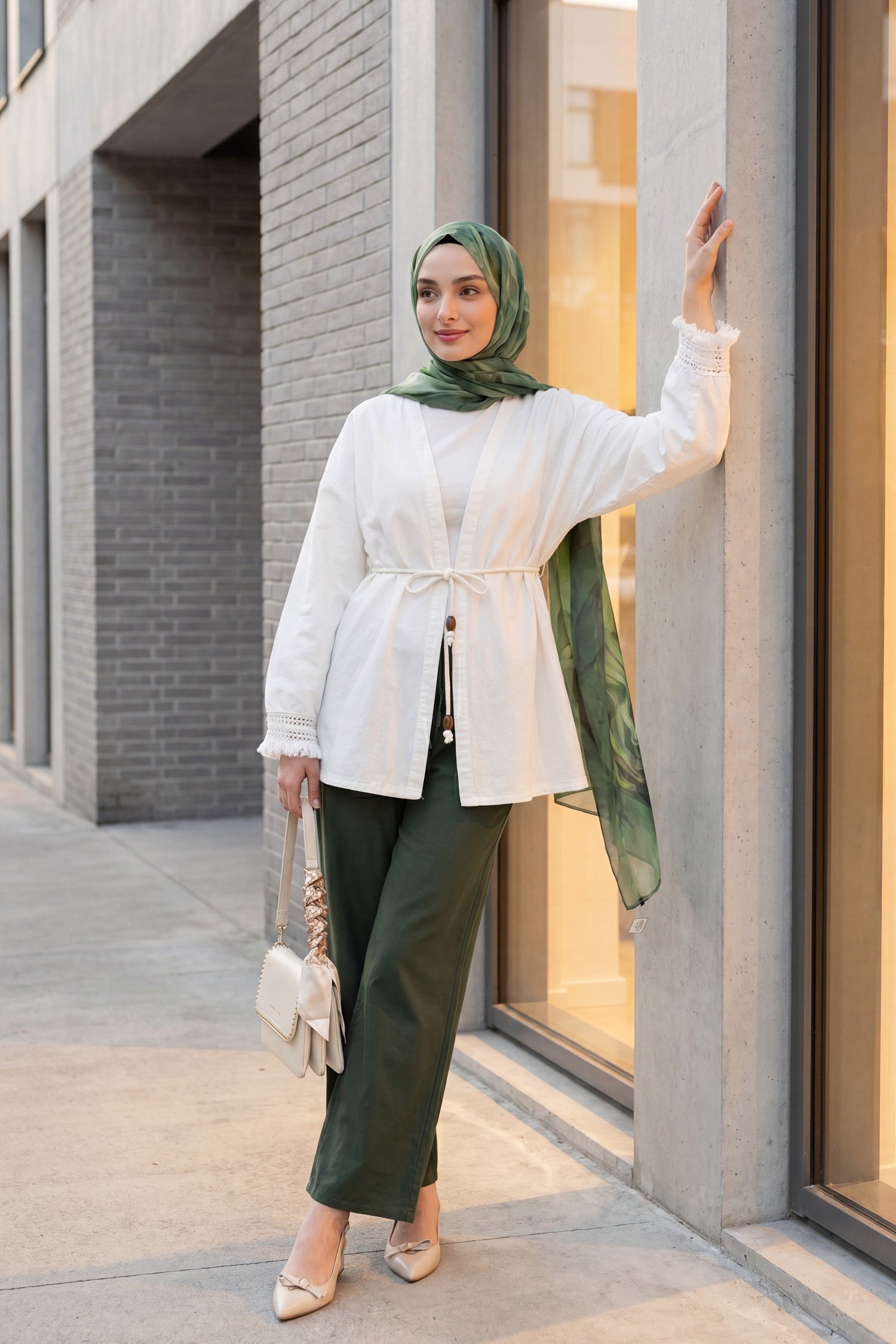 Kolları Püsküllü Beli Kemerli Keten Kimono -Ekru