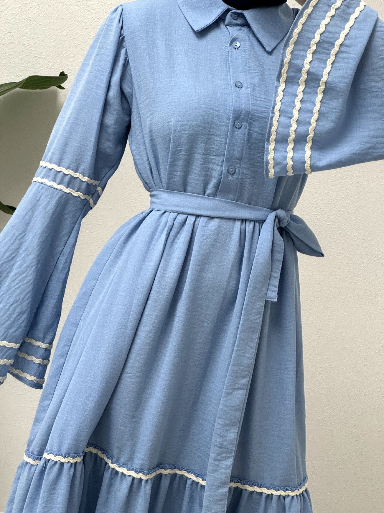 Kolları ve eteği süzene işlemeli Parçalı Elbise    -Bebe Mavi