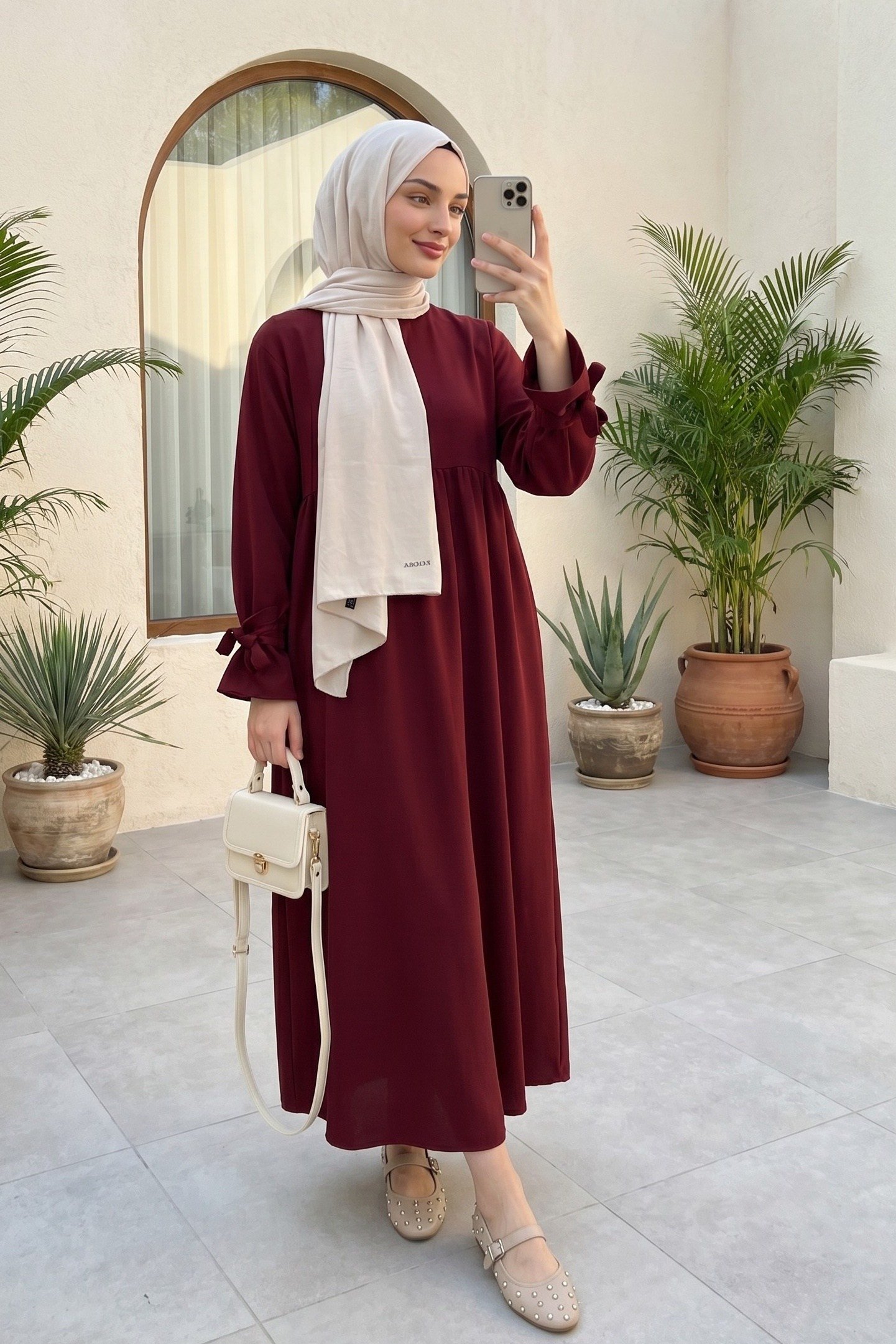 Kolu Bağcıklı Parçalı Uzun Dabıl Elbise -Bordo