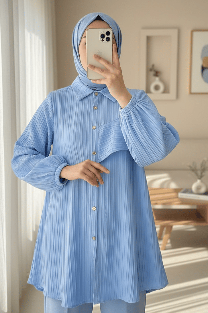 Kolu Fırfır Detaylı  Lastikli Tunik -Bebe Mavi