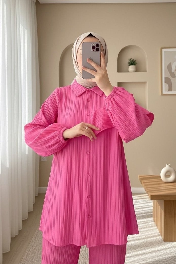 Kolu Fırfır Detaylı  Lastikli Tunik -Pembe