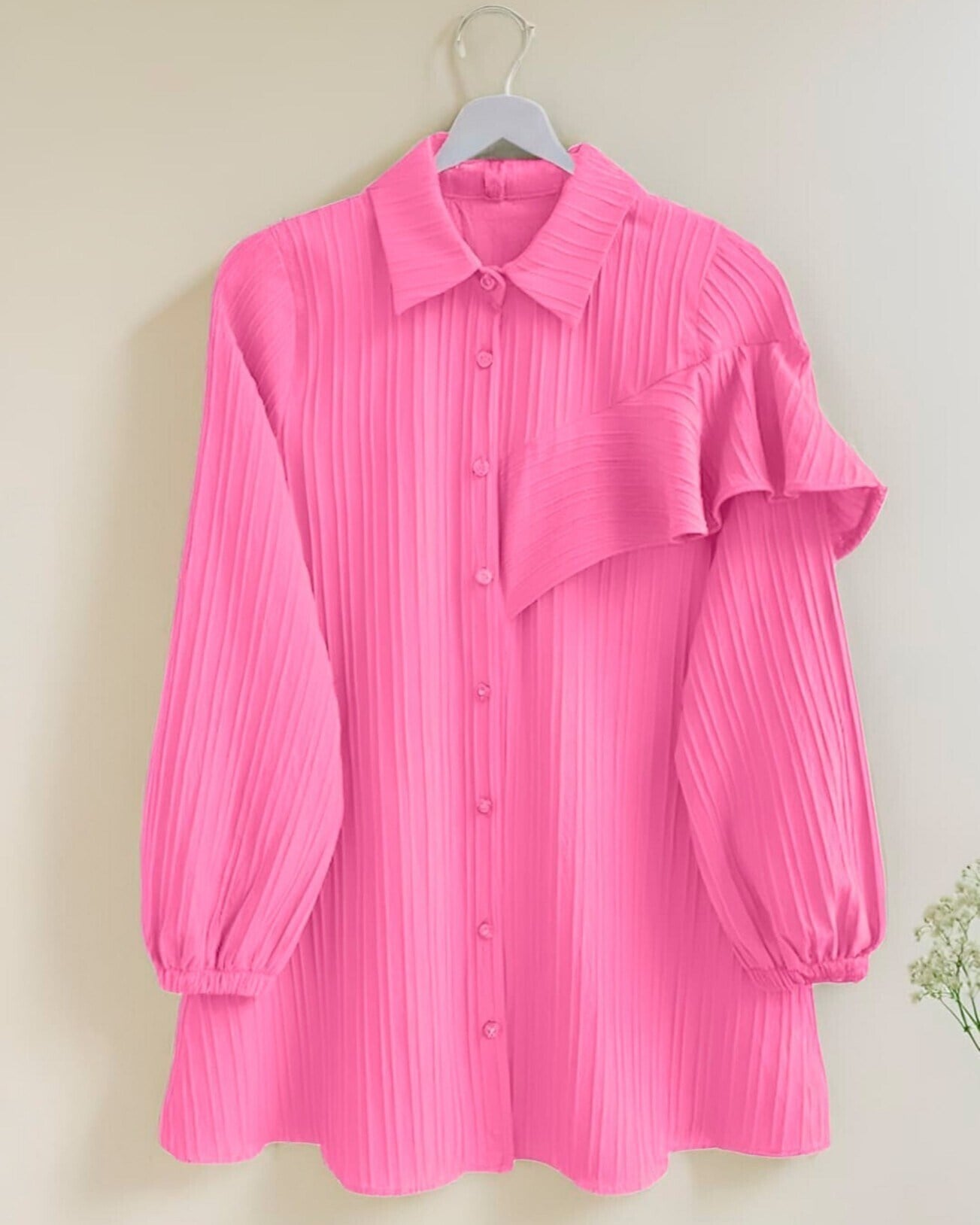 Kolu Fırfır Detaylı  Lastikli Tunik -Pembe