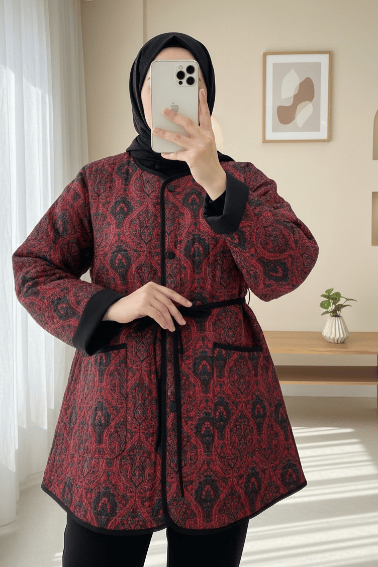 Kolu Katlamalı Beli Bağcıklı Etnik Desen Ceket -Bordo