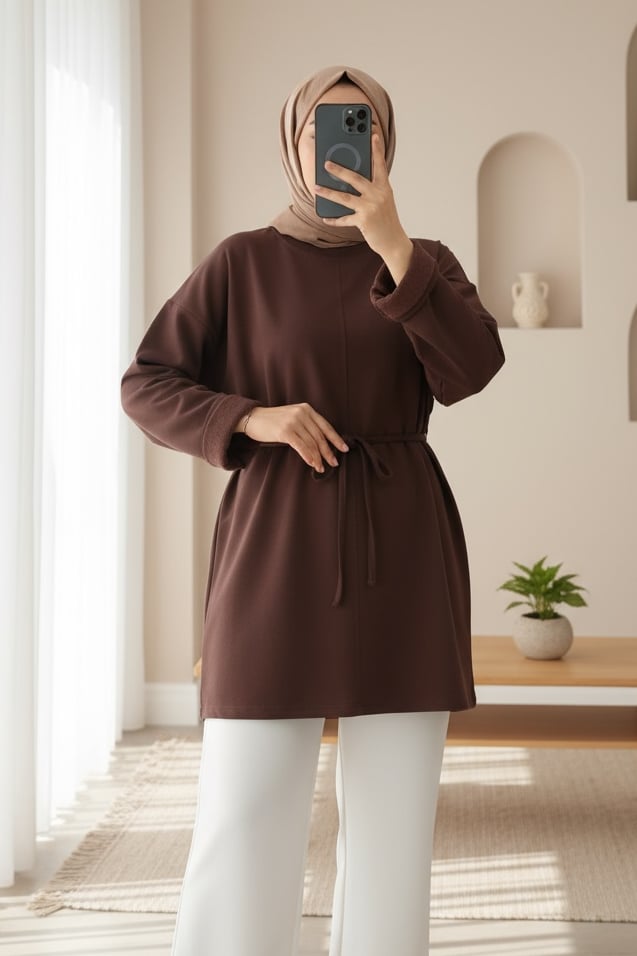 Kolu Katlı Beli Bağlamalı Yırtmaçlı  Kompakt  Penye Tunik -K. Kahve