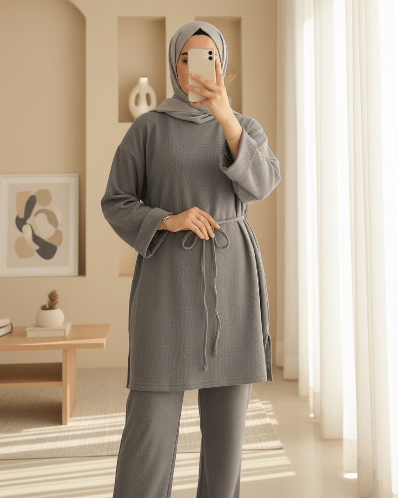 Kolu Katlı Beli Bağlamalı Yırtmaçlı Selanik Tunik -Gri