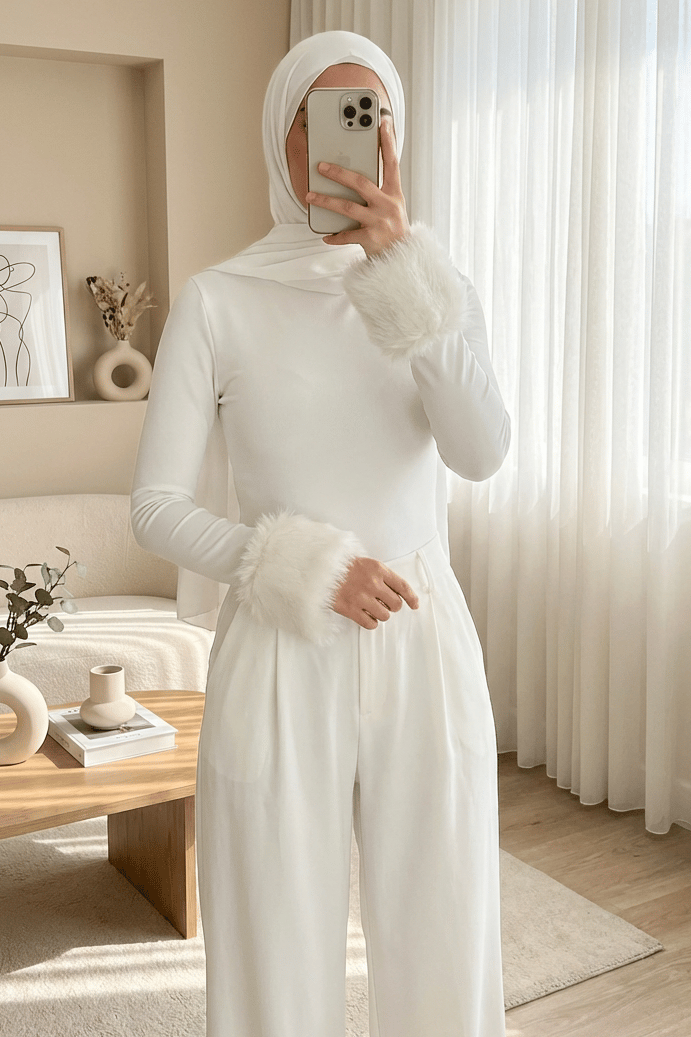 Kolu Kürklü Yarım Boğazlı Çıtçıtlı Zıbın Bluz -Beyaz