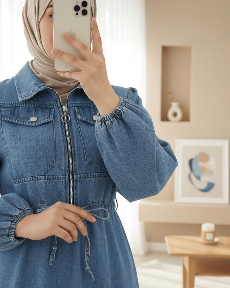 Kolu Lastikli Beli Tünel Bağcıklı Cepli Kot Elbise  -Mavi