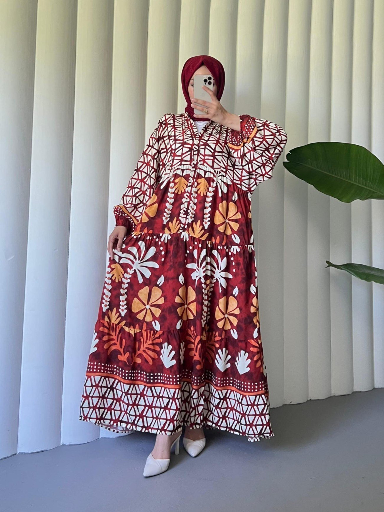 Kolu Lastikli Dik Yaka Yarım Düğmeli Viskon Elbise -Turuncu