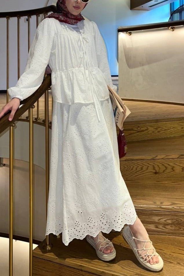 Kolu Lastikli Önü Bağlamalı Astarlı Kimono Takım  -Beyaz