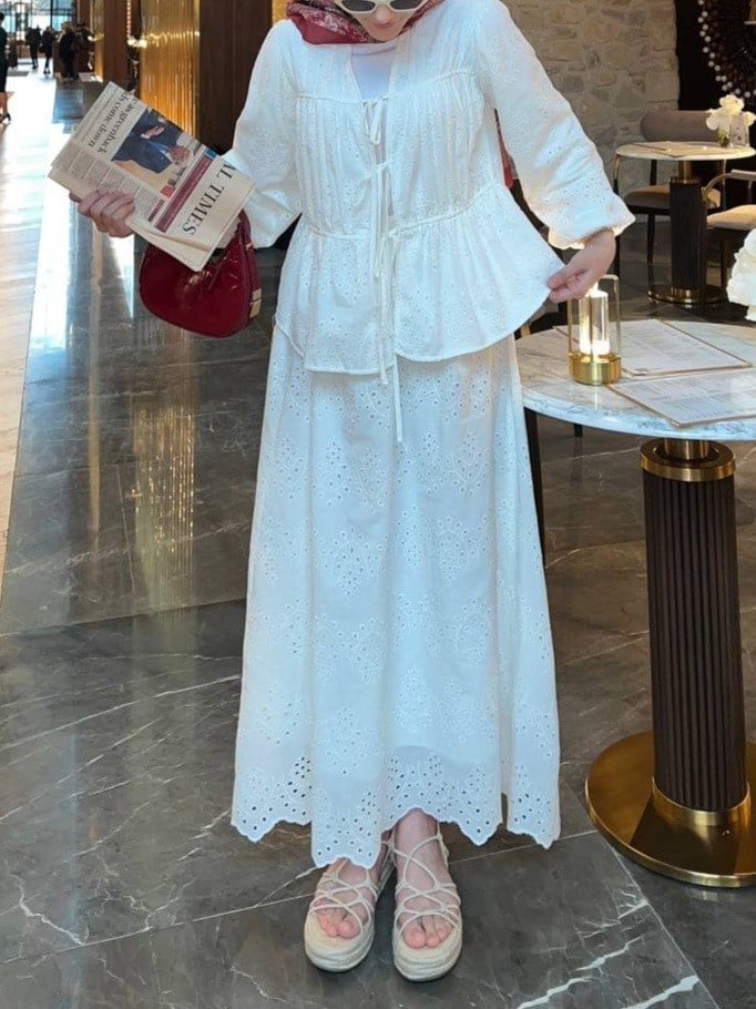 Kolu Lastikli Önü Bağlamalı Astarlı Kimono Takım  -Beyaz