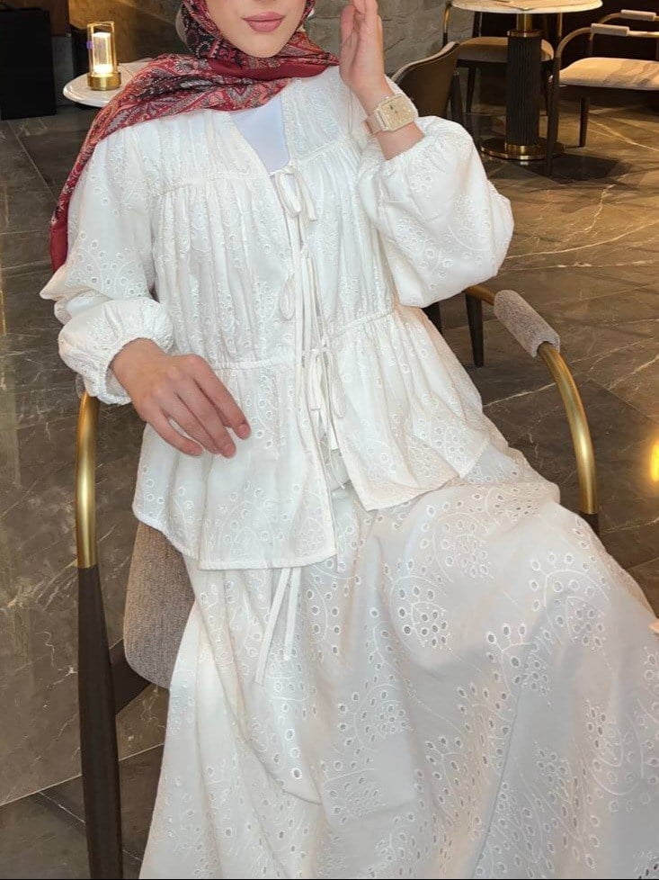 Kolu Lastikli Önü Bağlamalı Astarlı Kimono Takım  -Beyaz