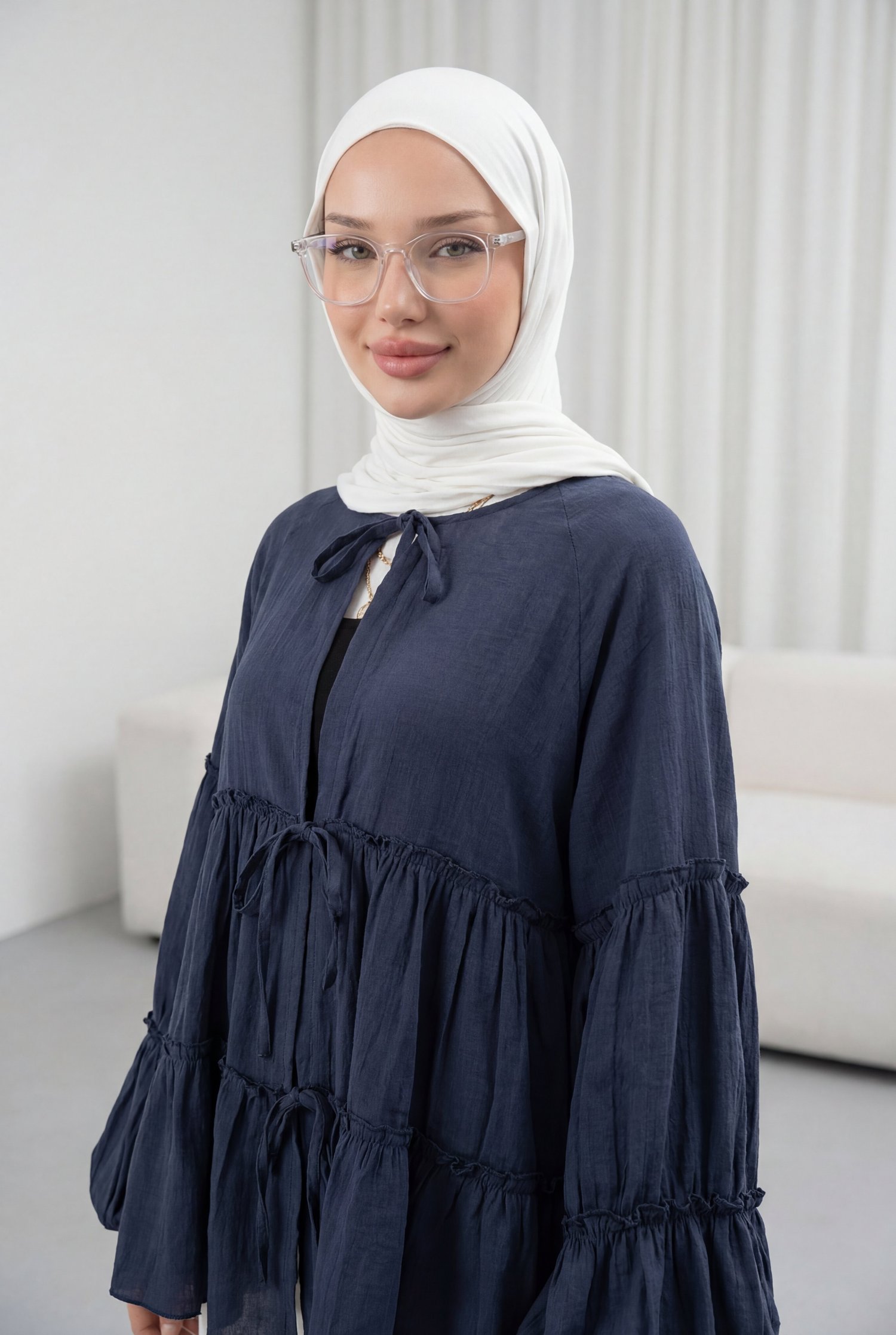 Kolu Lastikli Önü Bağlamalı Katlı Modal Kimono -Lacivert