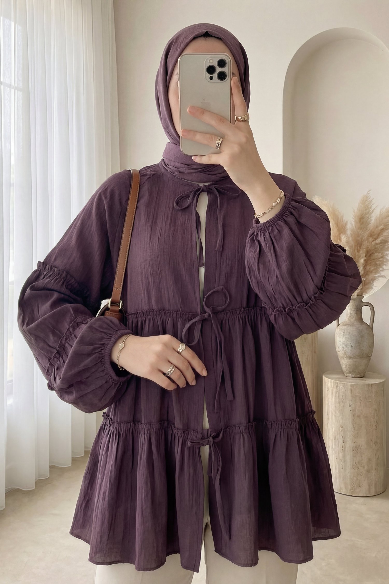 Kolu Lastikli Önü Bağlamalı Katlı Modal Kimono -Mürdüm