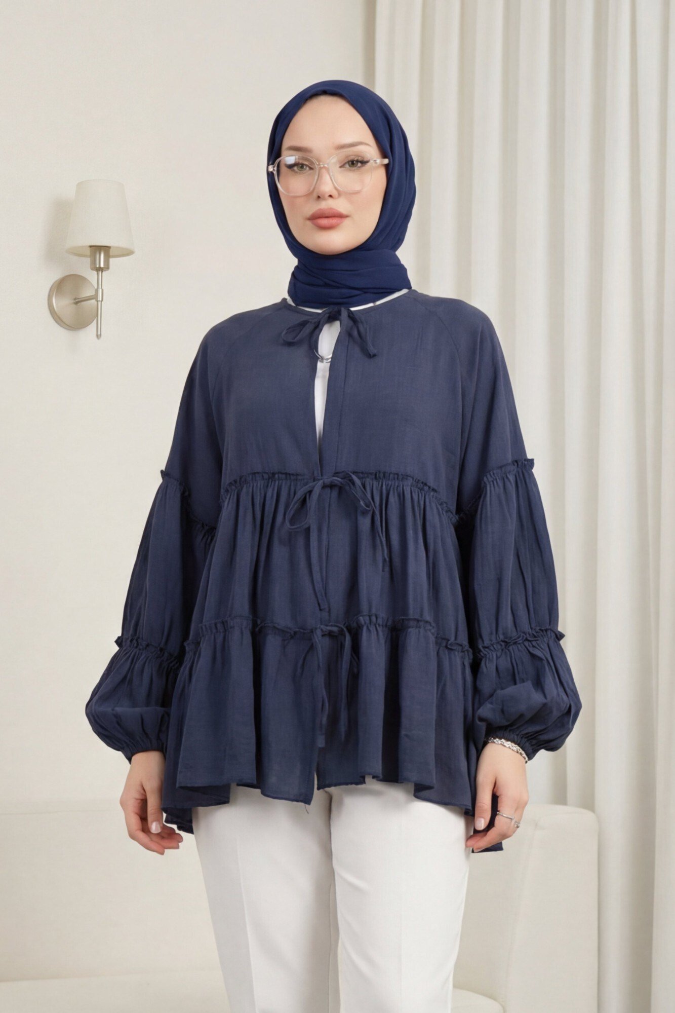 Kolu Lastikli Önü Bağlamalı Katlı Modal Kimono -Lacivert