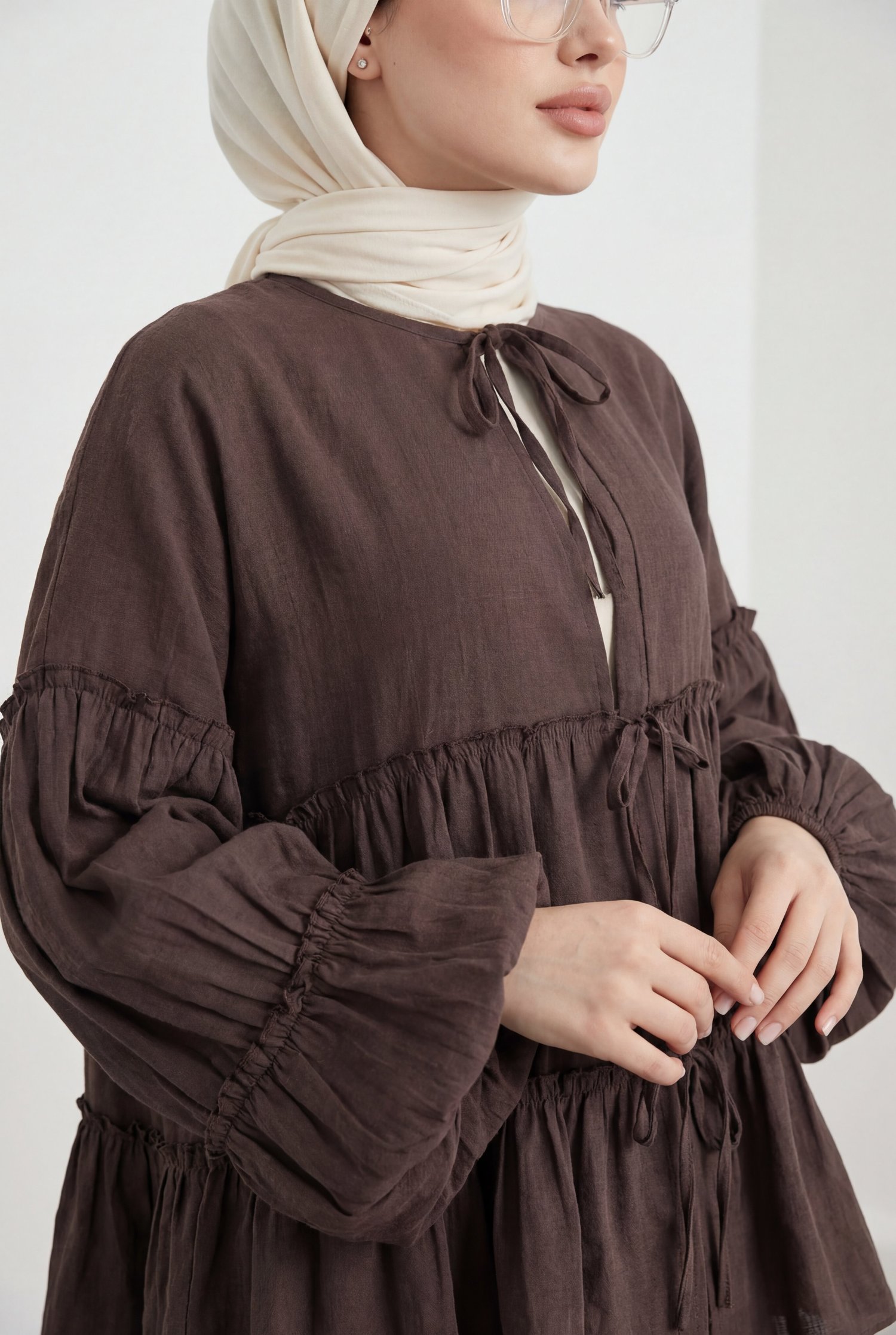 Kolu Lastikli Önü Bağlamalı Katlı Modal Kimono -Kahverengi