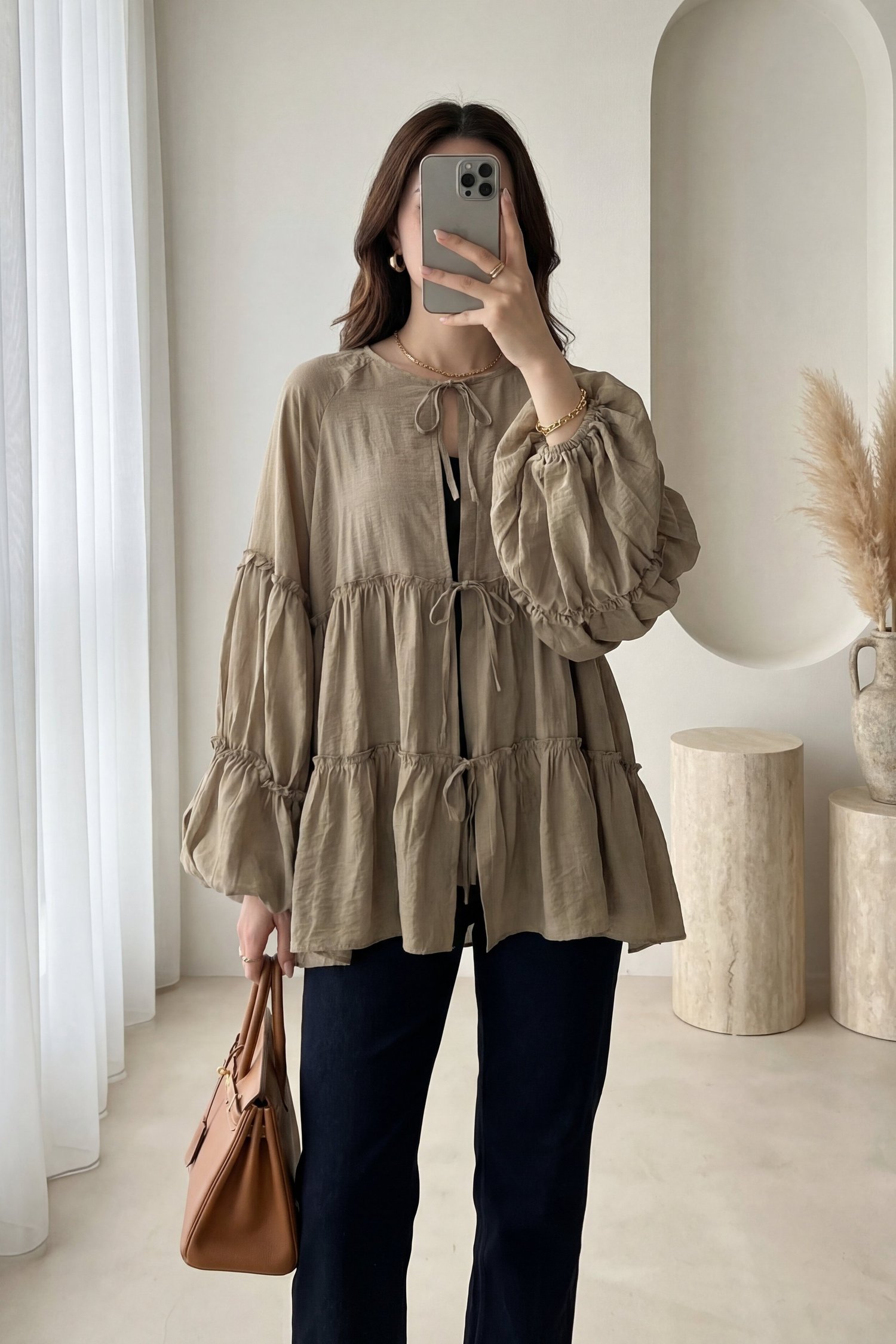 Kolu Lastikli Önü Bağlamalı Katlı Modal Kimono -Haki