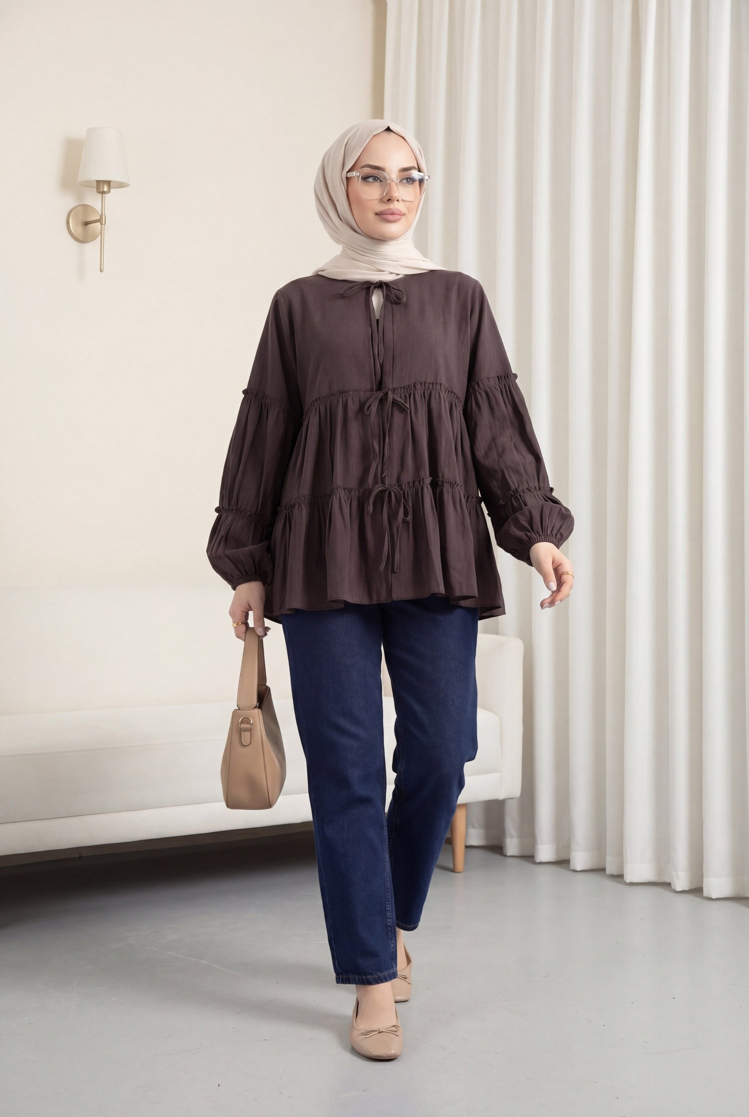 Kolu Lastikli Önü Bağlamalı Katlı Modal Kimono -Kahverengi