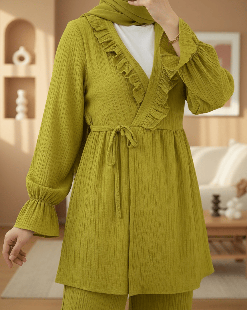 Kolu Lastikli Önü Fırfırlı Bağcıklı Krinkıl Kimono Takım -Yağ Yeşili