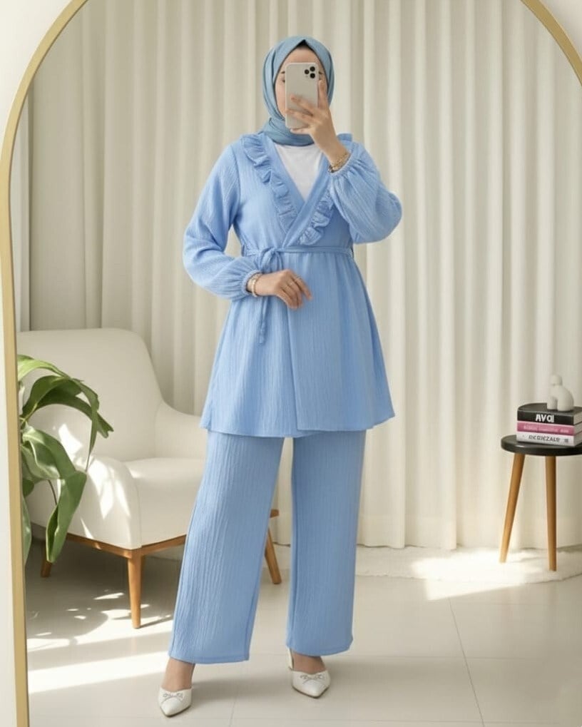 Kolu Lastikli Önü Fırfırlı Bağcıklı Krinkıl Kimono Takım -Mavi
