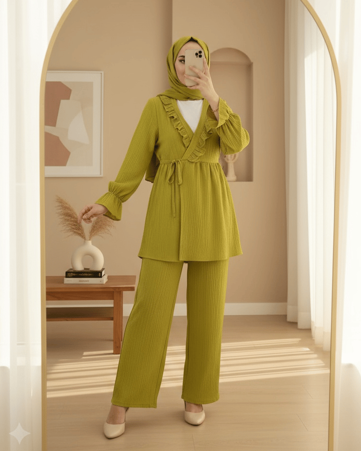 Kolu Lastikli Önü Fırfırlı Bağcıklı Krinkıl Kimono Takım -Yağ Yeşili