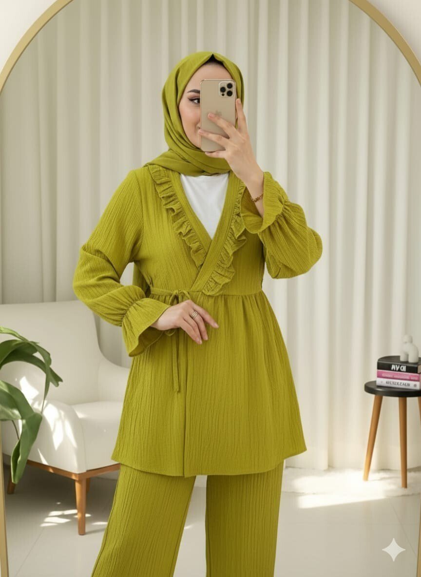 Kolu Lastikli Önü Fırfırlı Bağcıklı Krinkıl Kimono Takım -Yağ Yeşili