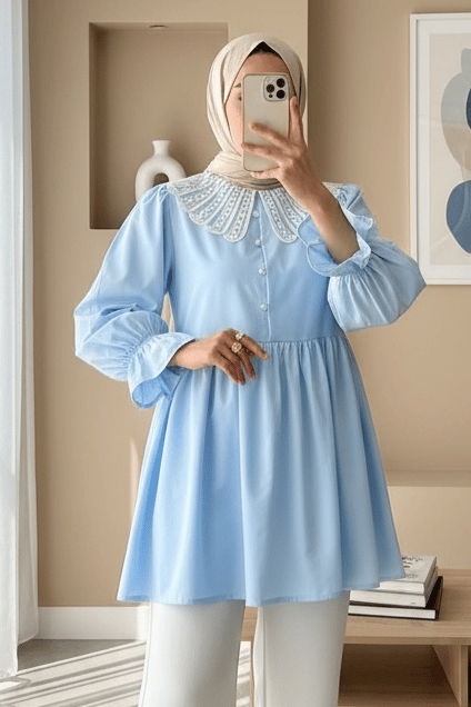 Kolu Lastikli Organze Bebe Yaka Yarım Düğmeli Tunik -Bebe Mavi