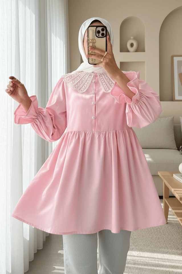 Kolu Lastikli Organze Bebe Yaka Yarım Düğmeli Tunik -Pembe