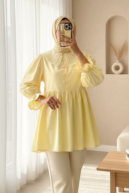 Kolu Lastikli Organze Bebe Yaka Yarım Düğmeli Tunik -Sarı