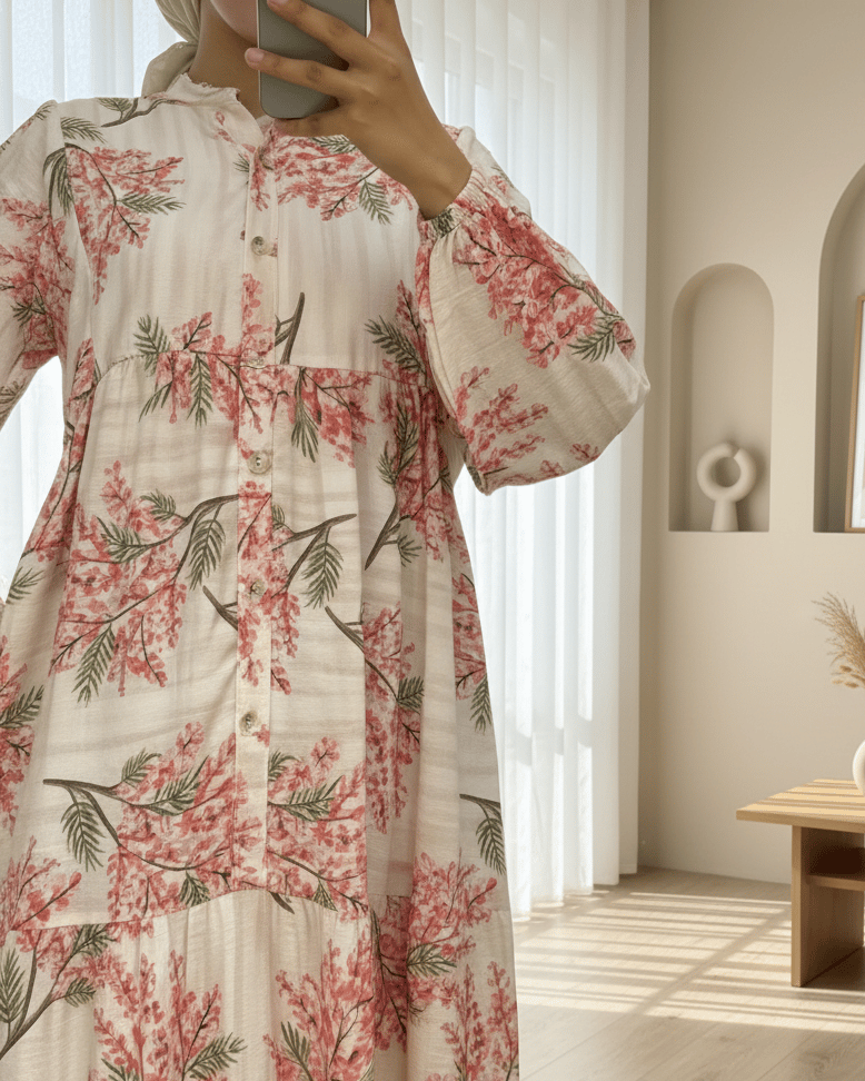 Kolu Lastikli Yarım Düğmeli Desenli Modal Elbise -Nar Çiçeği